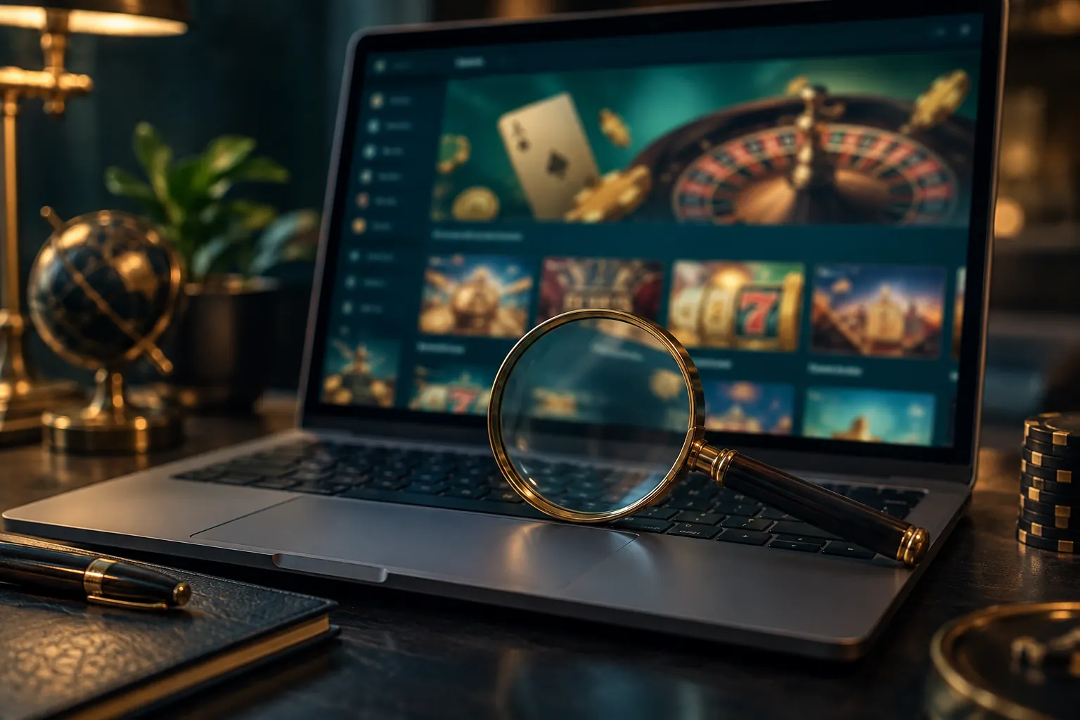 Casino koşullarını incelemeyi temsil eden masa ve belgeler